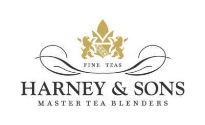 Harney & Sons Fine Teas logo featuring a gold crest with lions and a teacup, above the brand name in dark gray serif text on a white background.