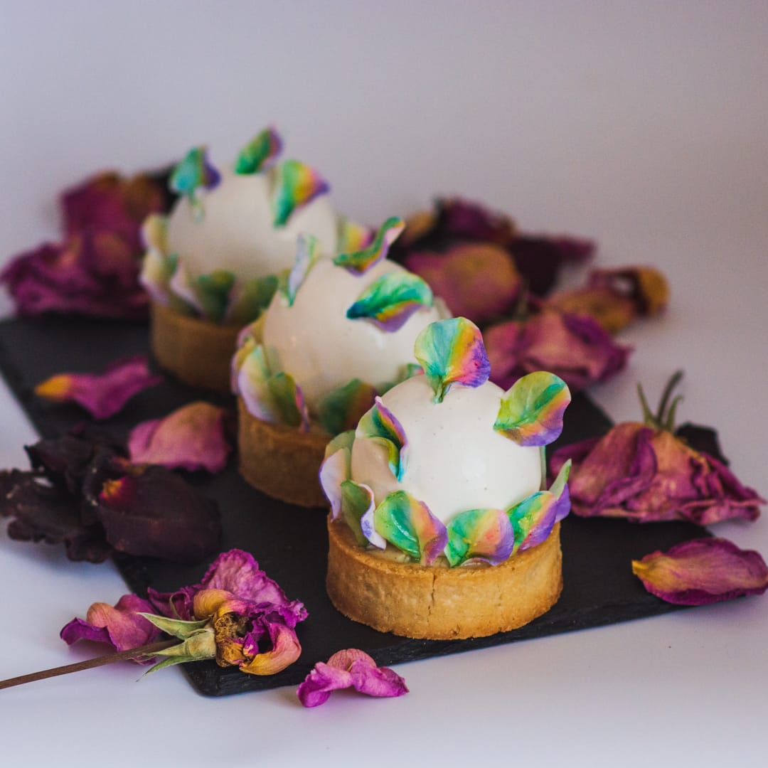 Detailed image of gluten-free rainbow entremets made with organic, gluten-free ingredients for a family celebration in Valencia, CA.